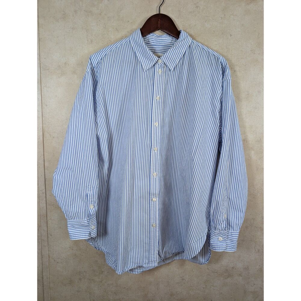 Universal Thread Button Up Shirt Womens L Blue White Striped Oversized Cotton